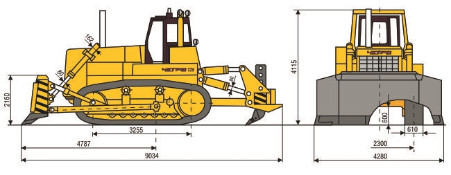 Бульдозер Четра Т25 - габариты (габаритные размеры основных элементов)