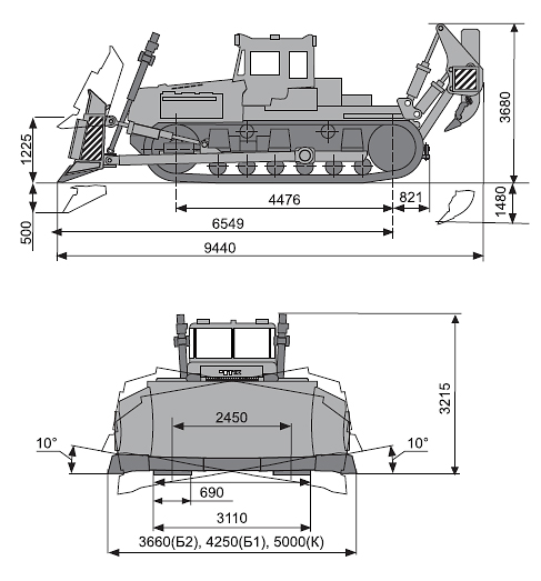 Схема и габаритные размеры бульдозера ДЭТ-250